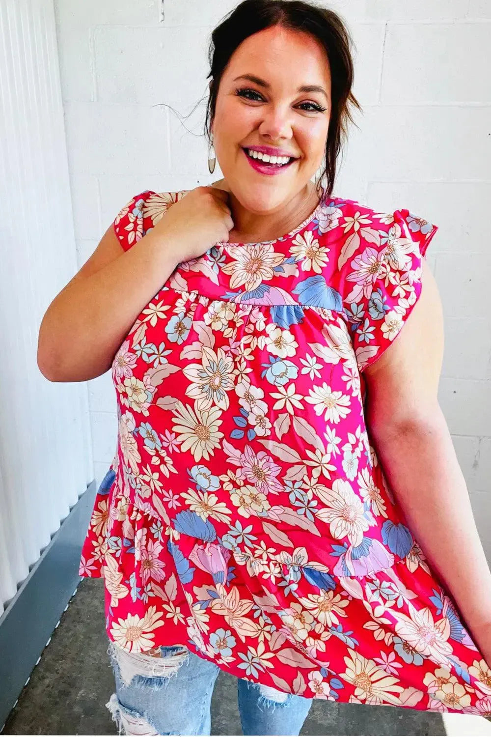 Fuchsia Floral Yoke Flutter Sleeve Back Neck Button Top-Evelyns Fashion
