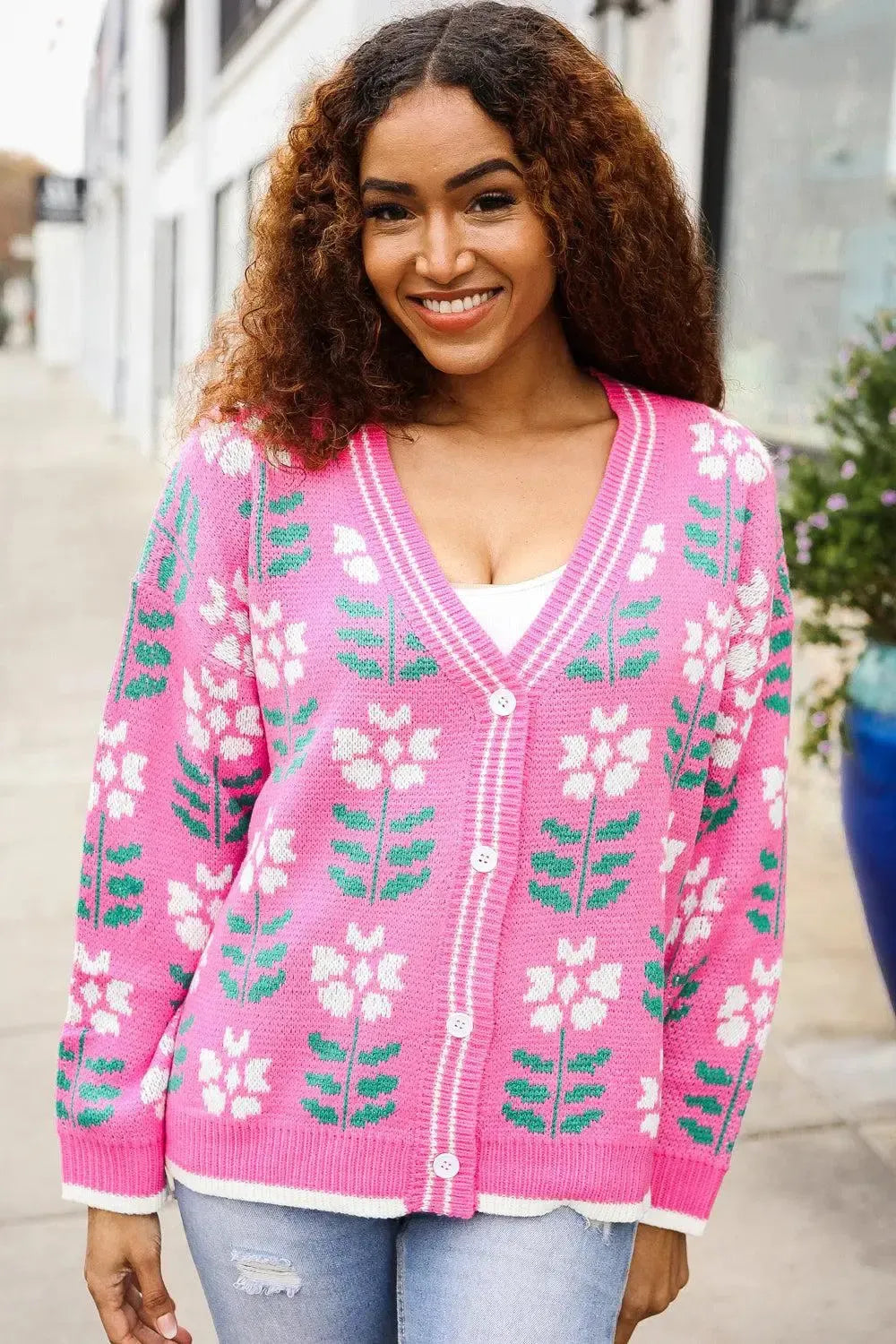 Fuchsia Flower Print Knit Cardigan-Evelyns Fashion