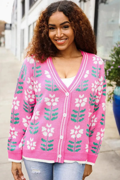 Fuchsia Flower Print Knit Cardigan-Evelyns Fashion