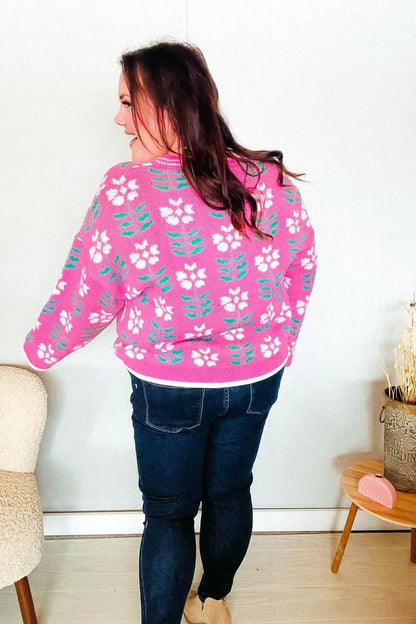 Fuchsia Flower Print Knit Cardigan-Evelyns Fashion