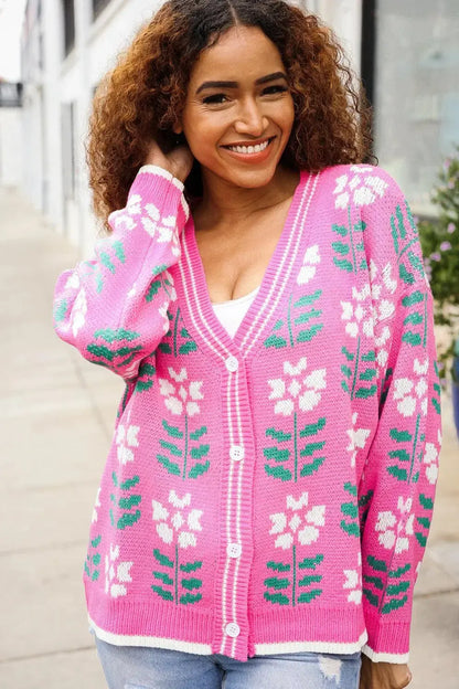 Fuchsia Flower Print Knit Cardigan-Evelyns Fashion