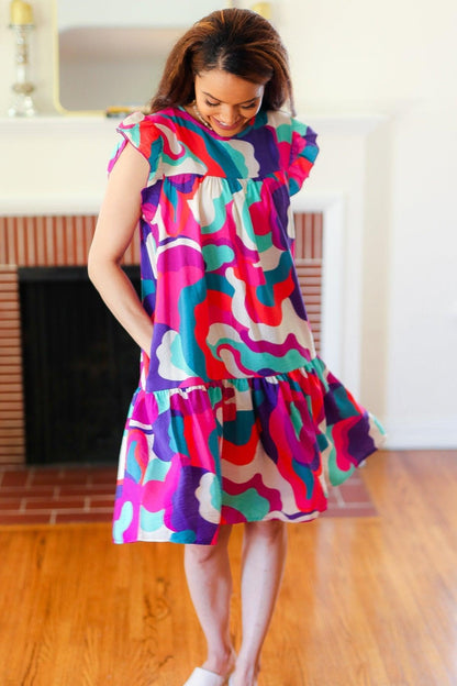Fuchsia Geo Print Dress-Rompers-Evelyns Fashion