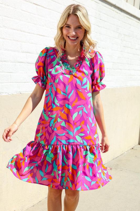 Fuchsia Tropical Leaf Dress-Evelyns Fashion