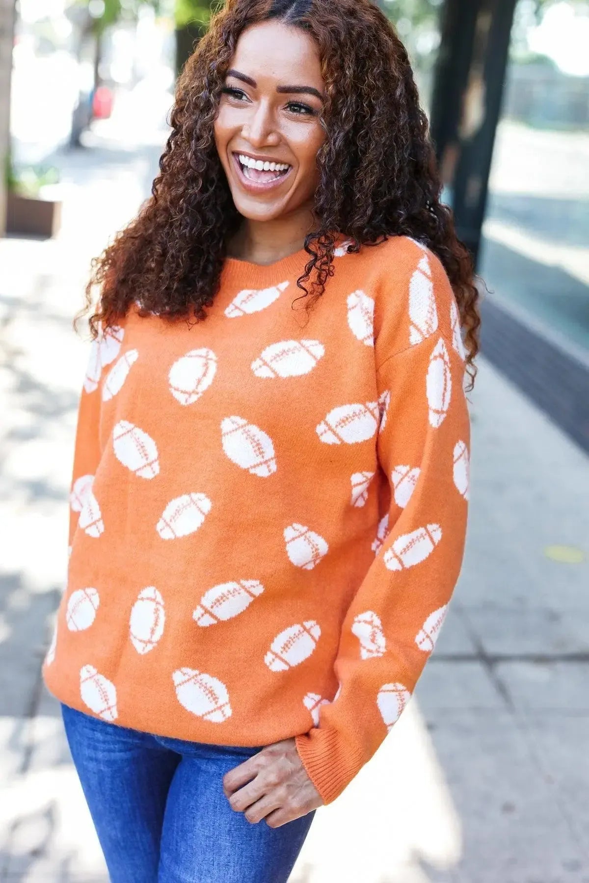 Game Day Orange Football Print Jacquard Knit Sweater-Evelyns Fashion
