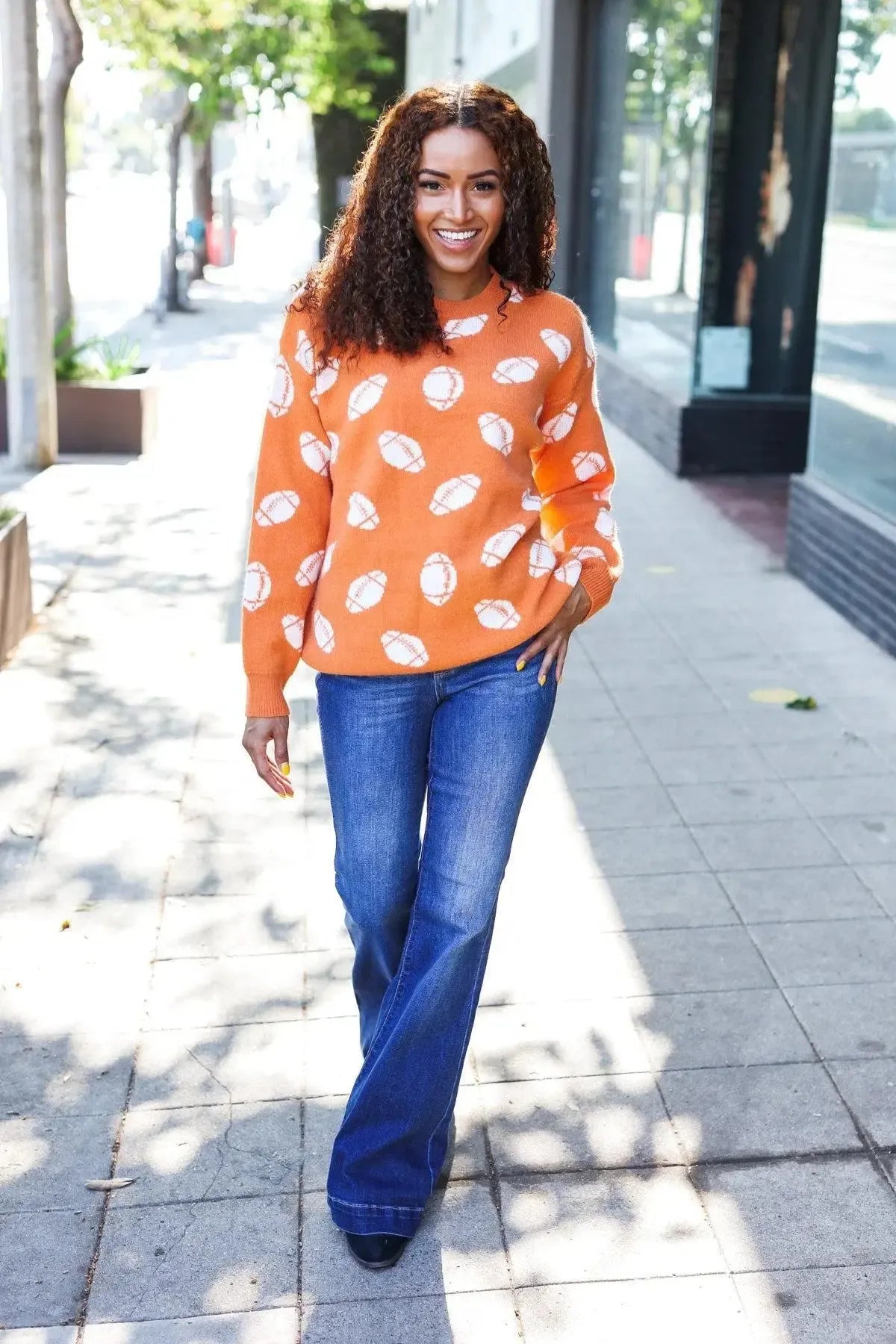 Game Day Orange Football Print Jacquard Knit Sweater-Evelyns Fashion