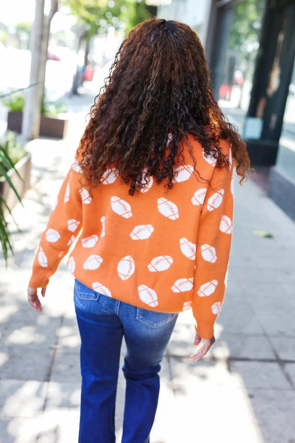 Game Day Orange Football Print Jacquard Knit Sweater-Evelyns Fashion
