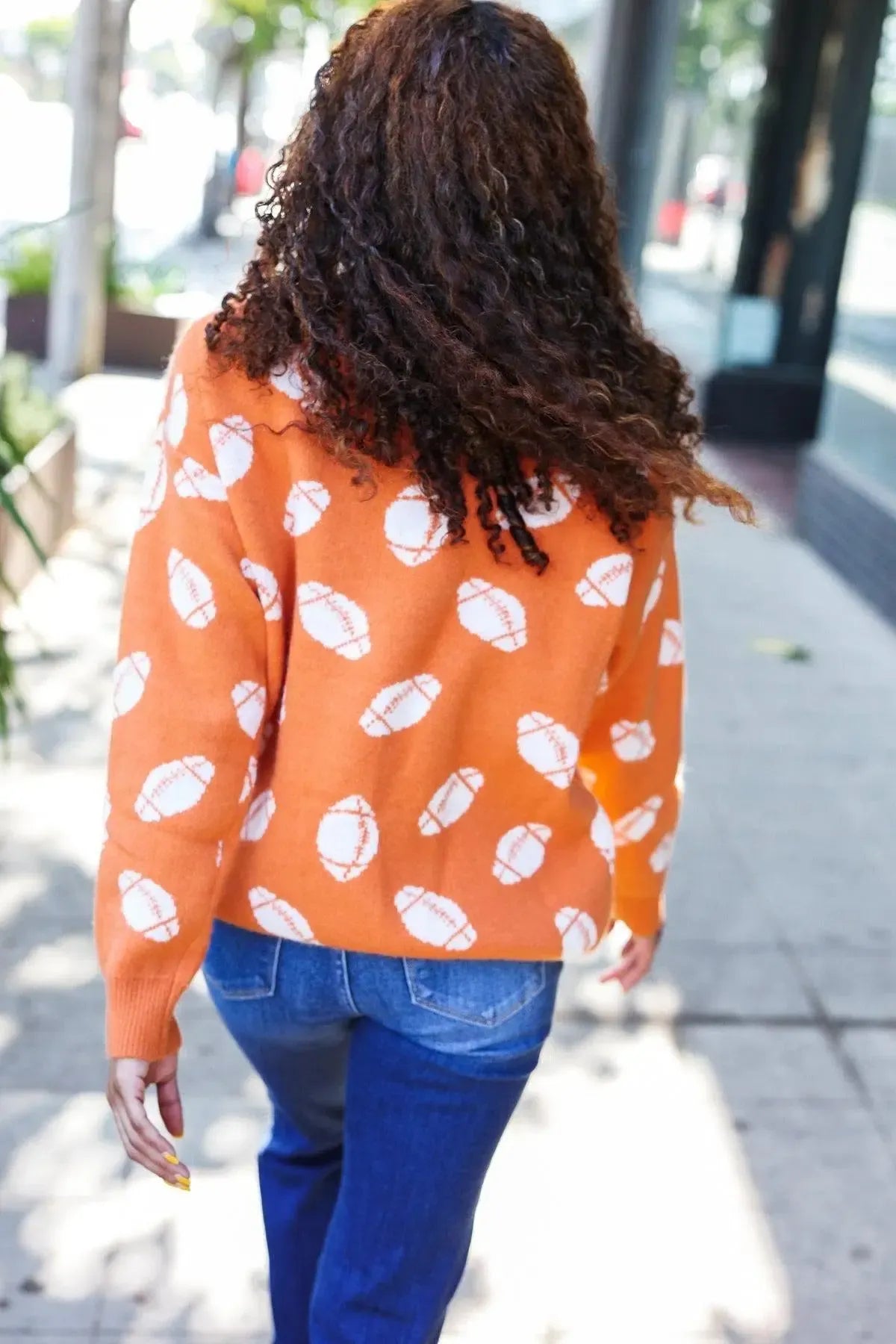 Game Day Orange Football Print Jacquard Knit Sweater-Evelyns Fashion