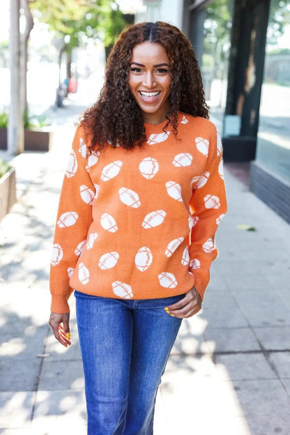 Game Day Orange Football Print Jacquard Knit Sweater-Evelyns Fashion
