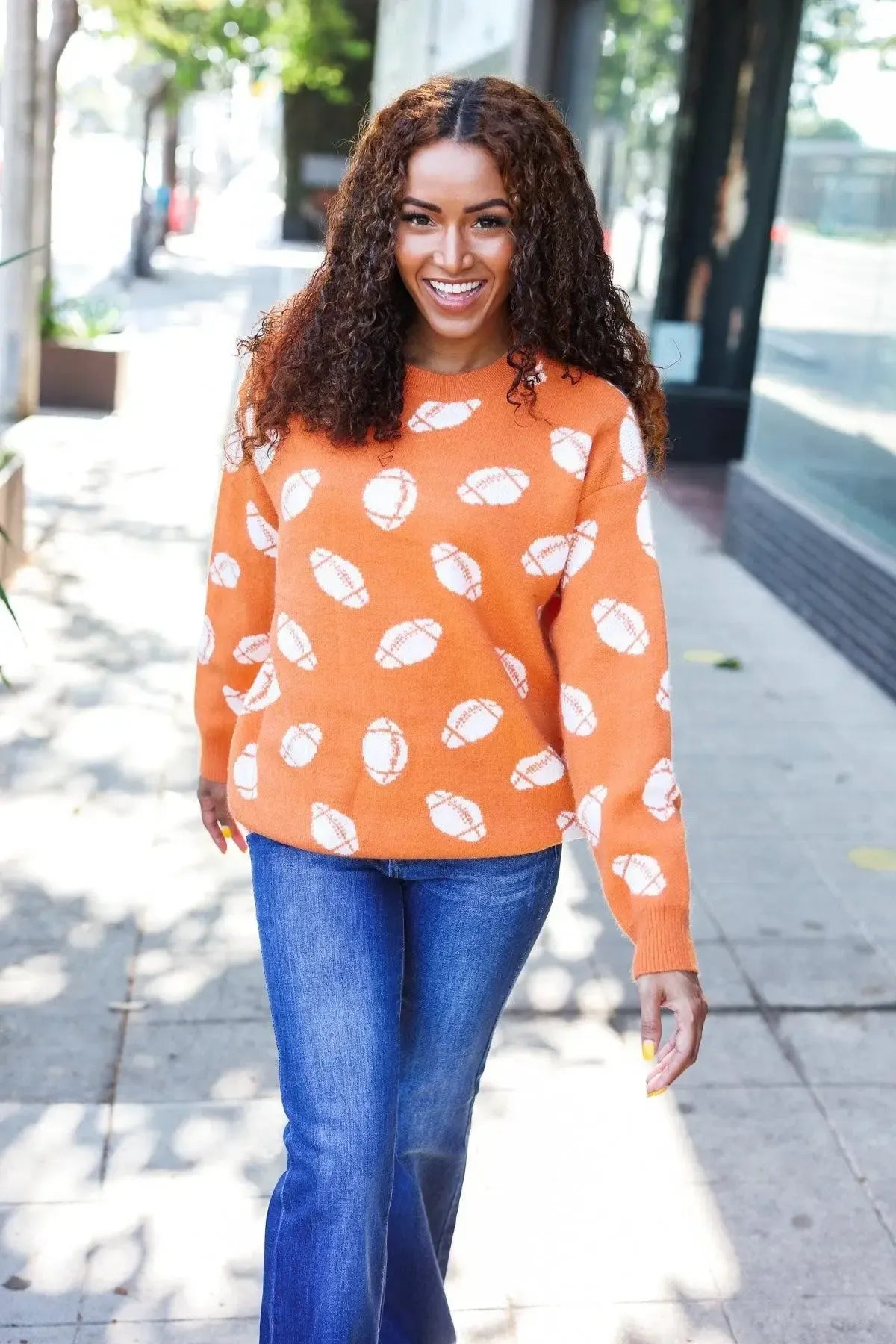 Game Day Orange Football Print Jacquard Knit Sweater-Evelyns Fashion