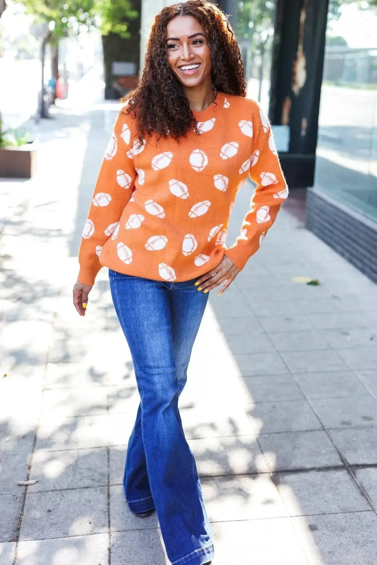 Game Day Orange Football Print Jacquard Knit Sweater-Evelyns Fashion