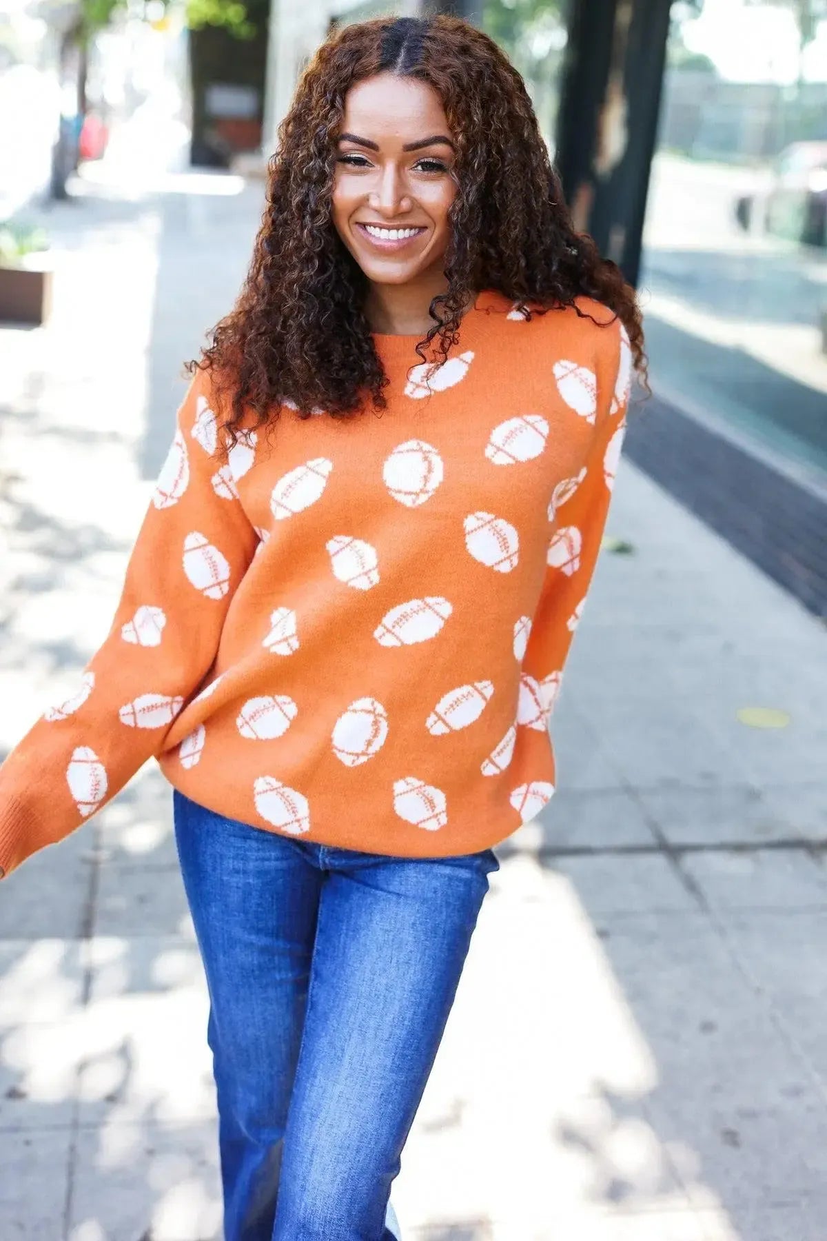Game Day Orange Football Print Jacquard Knit Sweater-Evelyns Fashion