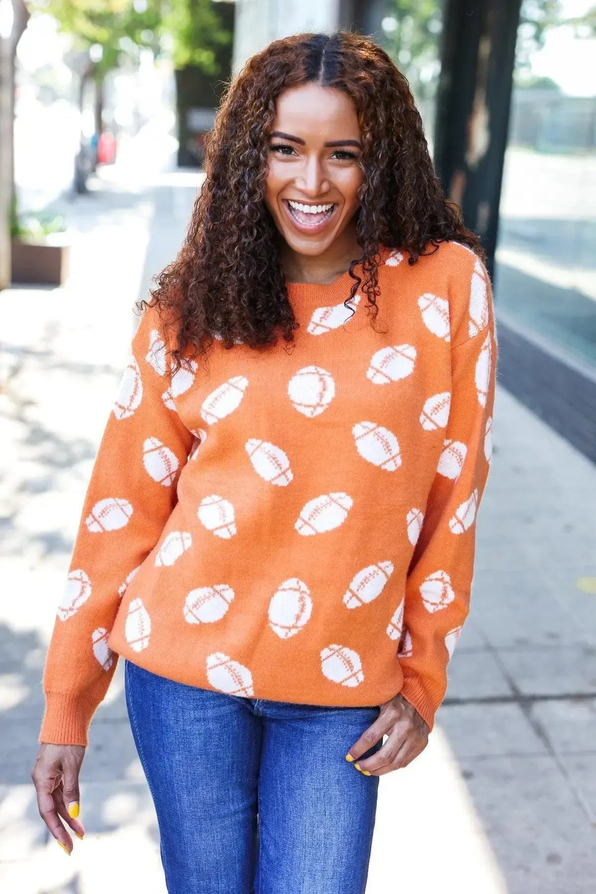 Game Day Orange Football Print Jacquard Knit Sweater-Evelyns Fashion