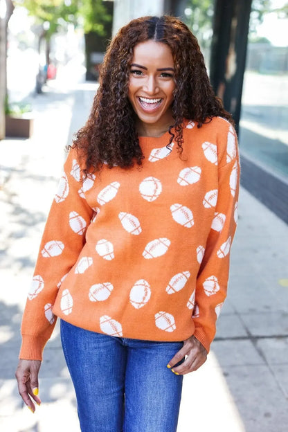 Game Day Orange Football Print Jacquard Knit Sweater-Evelyns Fashion