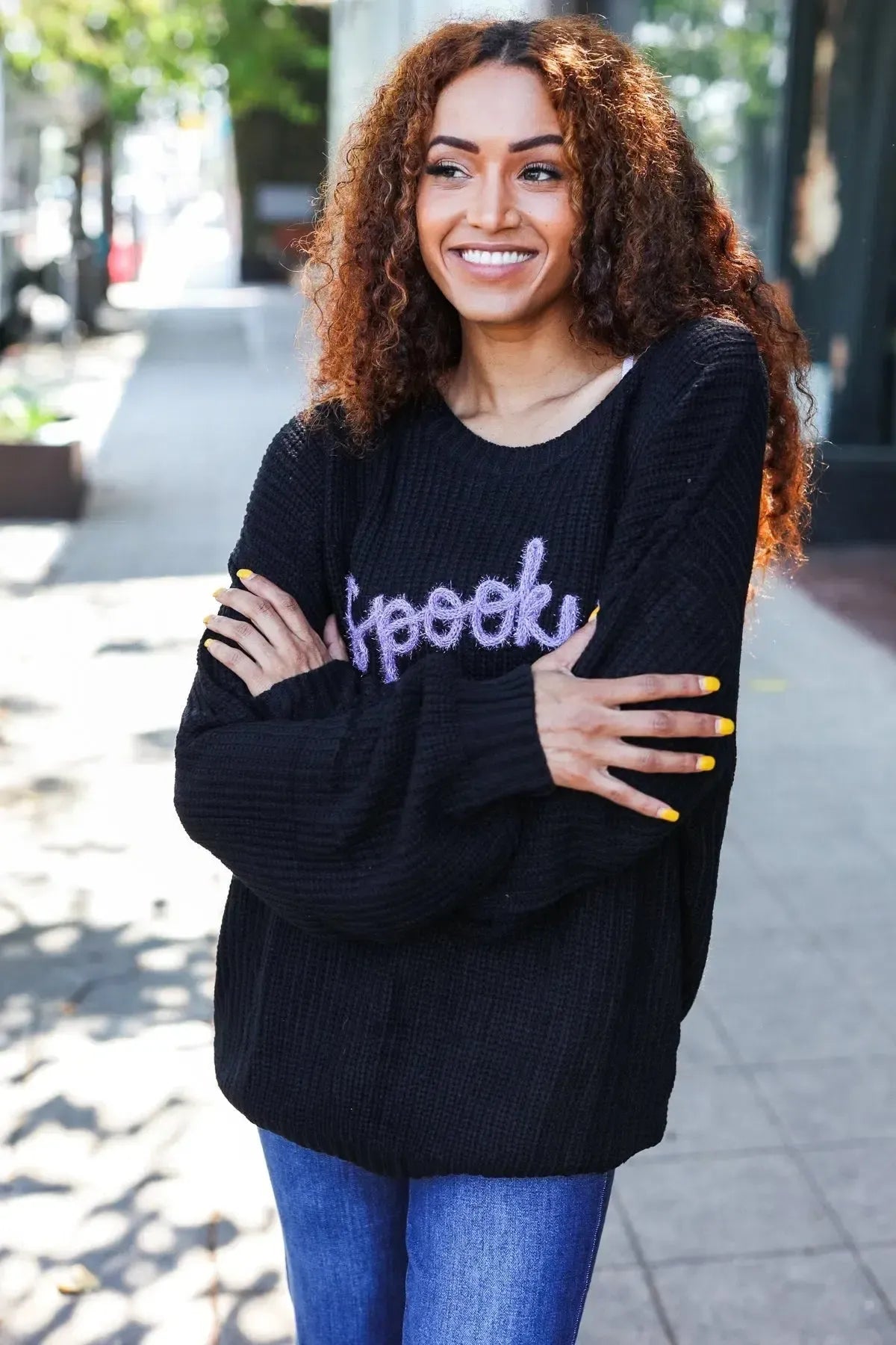 Get Your Spooky On Black Embroidered Chunky Sweater-Evelyns Fashion