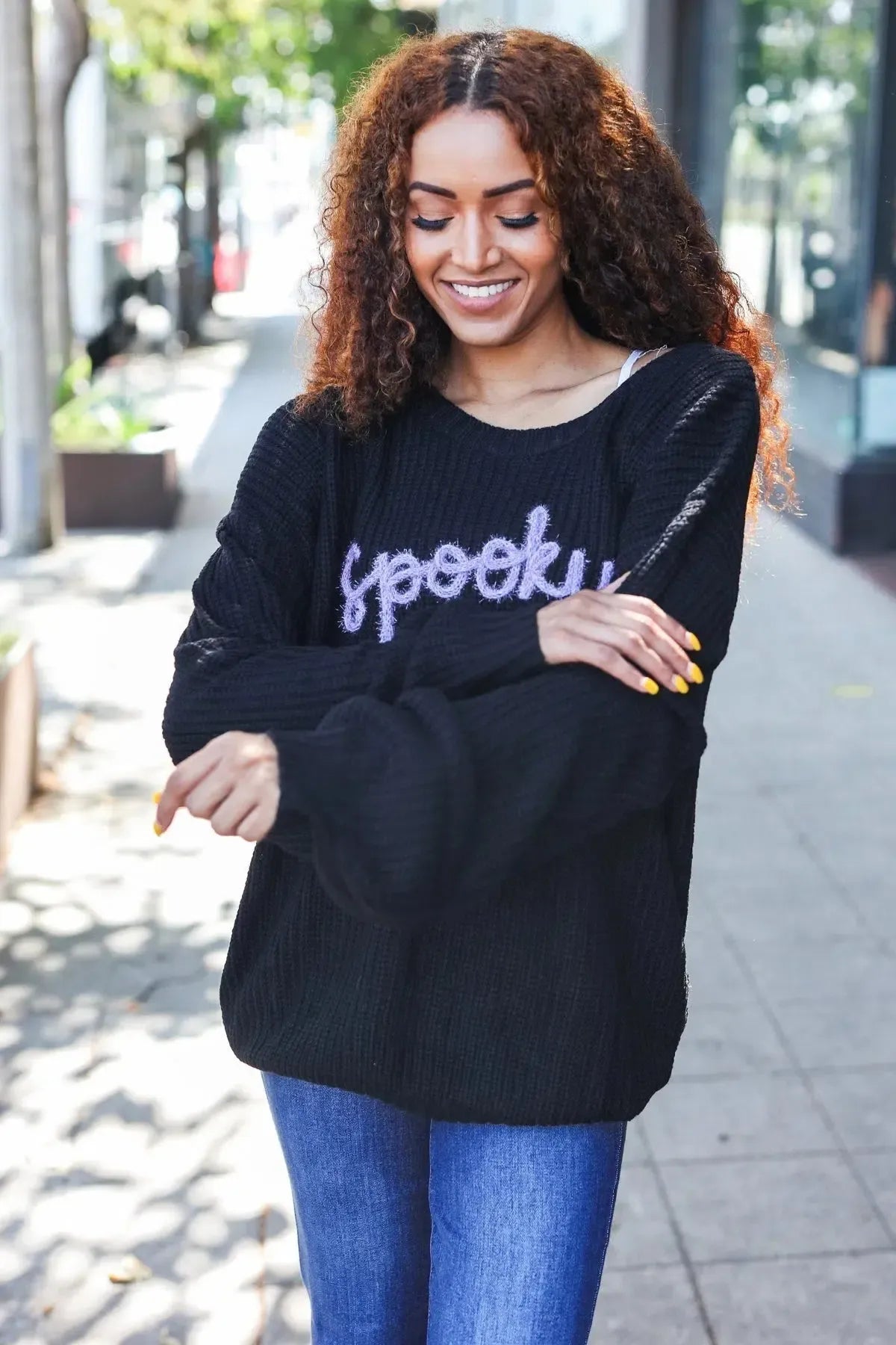 Get Your Spooky On Black Embroidered Chunky Sweater-Evelyns Fashion
