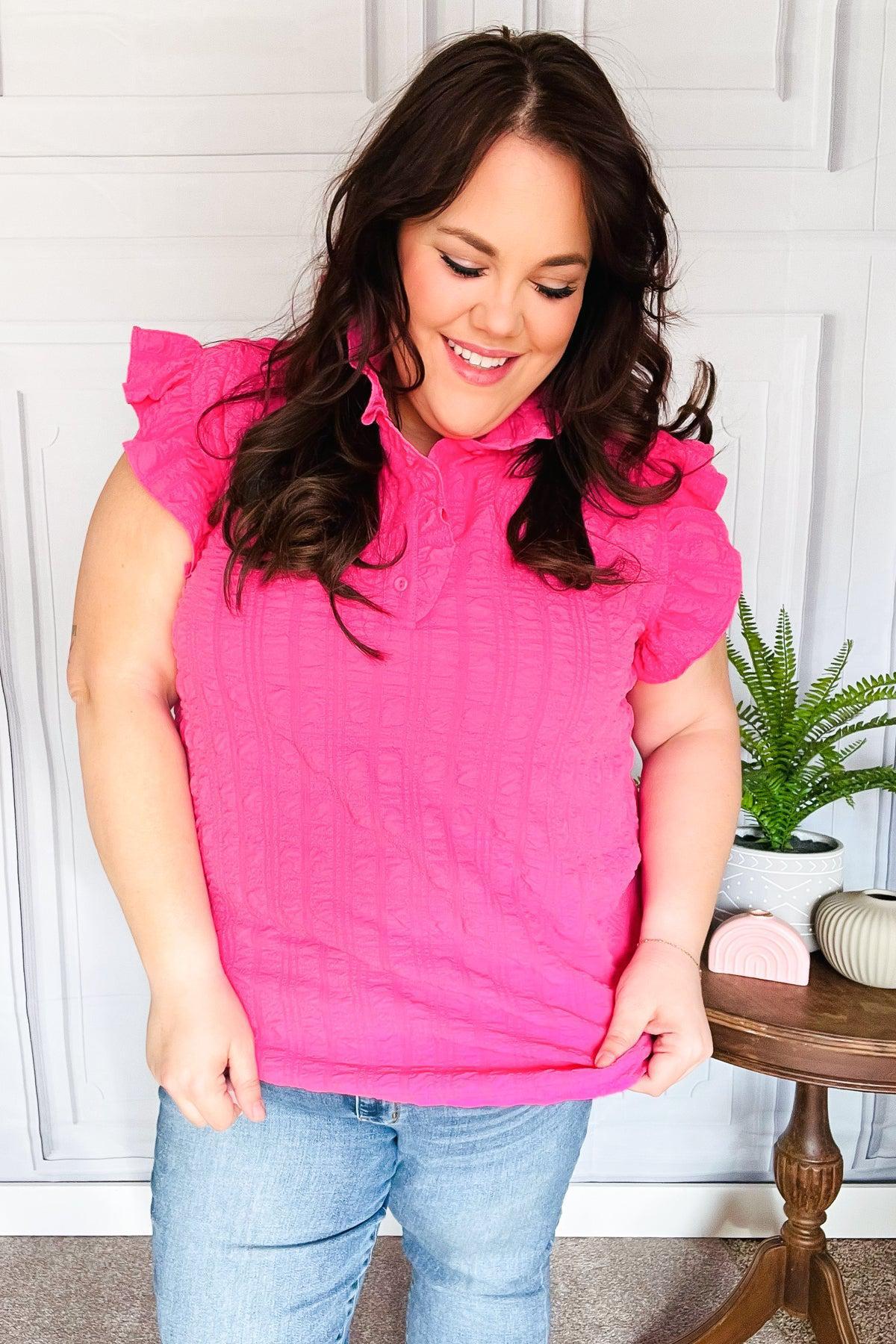 Glamorous In Hot Pink Textured Ruffle Mock Neck Top-Evelyns Fashion