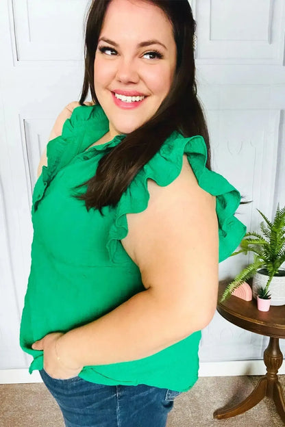 Glamorous In Kelly Green Textured Ruffle Mock Neck Top-Evelyns Fashion