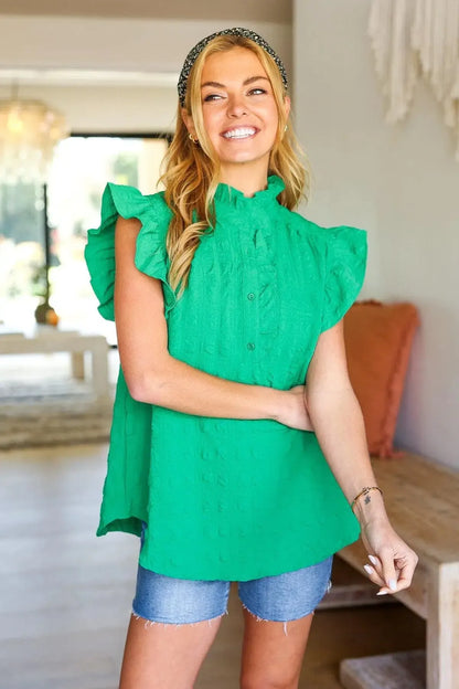 Glamorous In Kelly Green Textured Ruffle Mock Neck Top-Evelyns Fashion