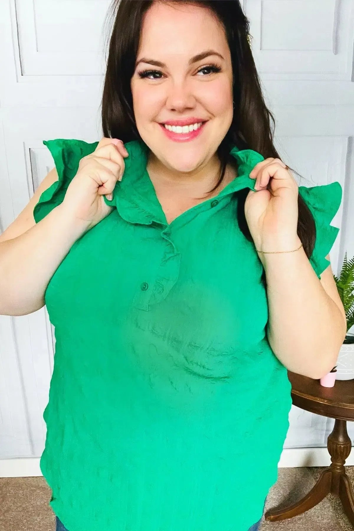 Glamorous In Kelly Green Textured Ruffle Mock Neck Top-Evelyns Fashion
