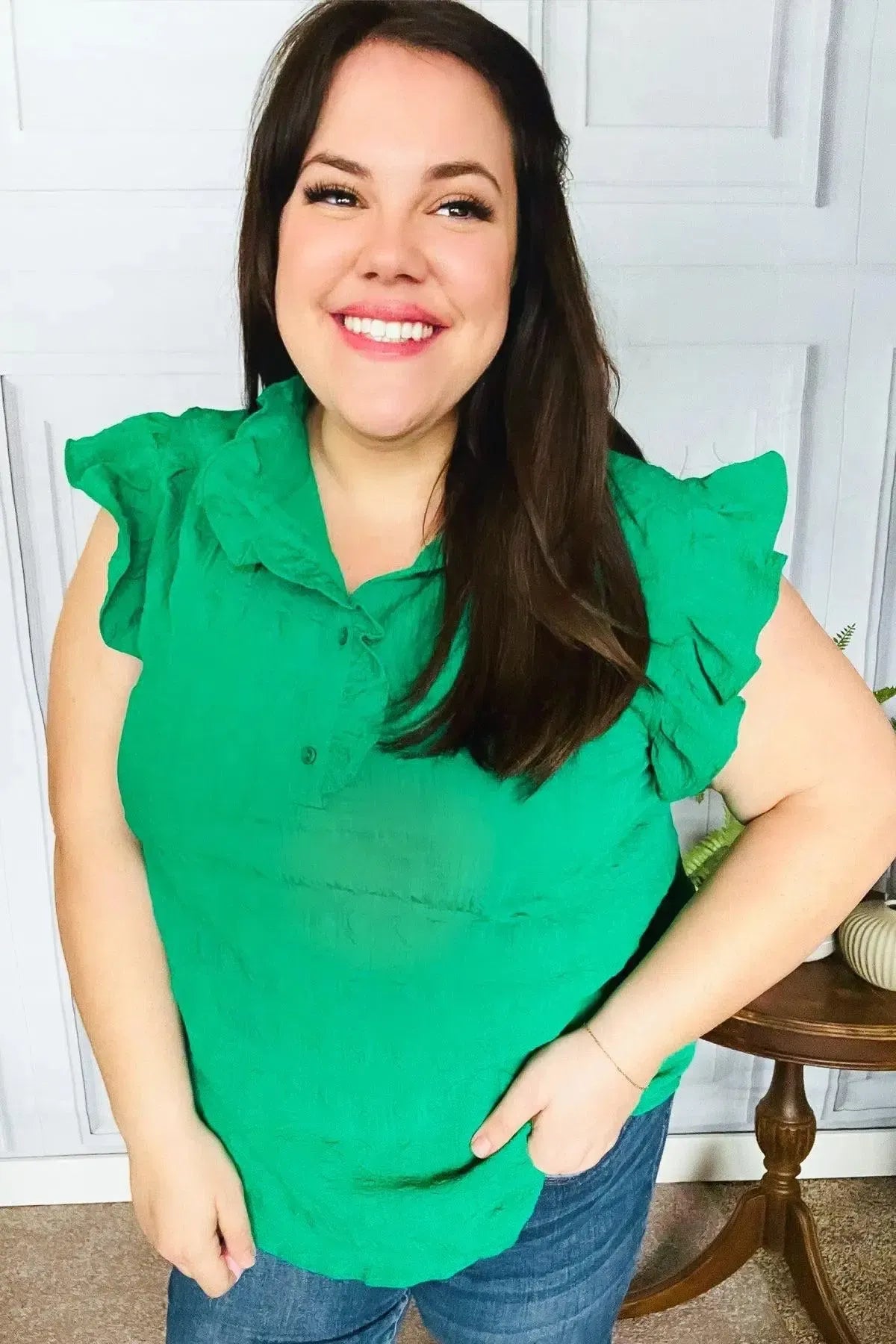Glamorous In Kelly Green Textured Ruffle Mock Neck Top-Evelyns Fashion