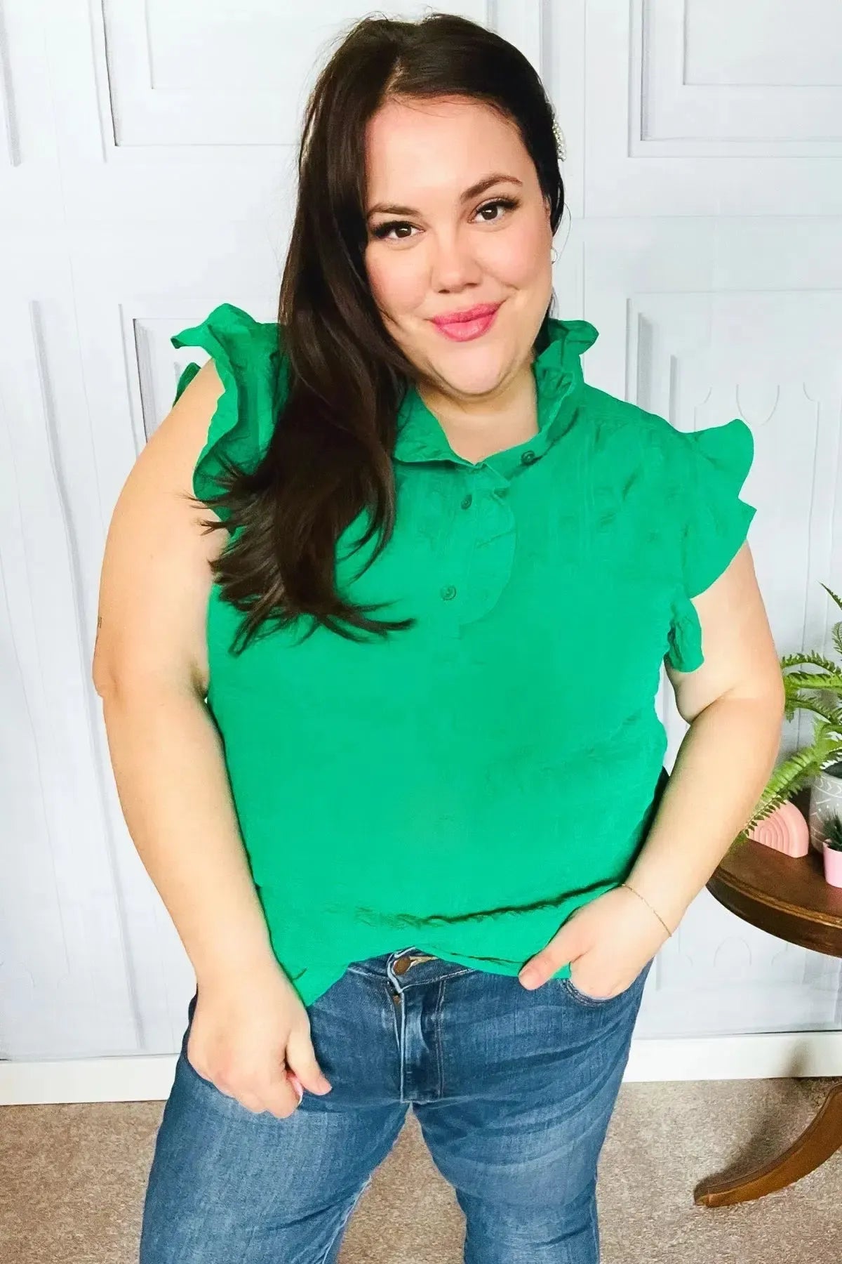 Glamorous In Kelly Green Textured Ruffle Mock Neck Top-Evelyns Fashion