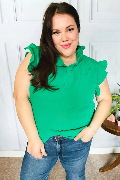 Glamorous In Kelly Green Textured Ruffle Mock Neck Top-Evelyns Fashion