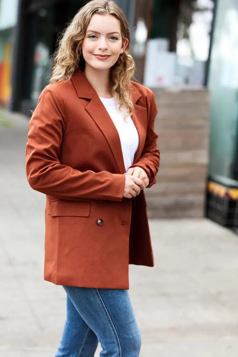 Going Up Rust Double Button Collar Lapel Blazer-Evelyns Fashion