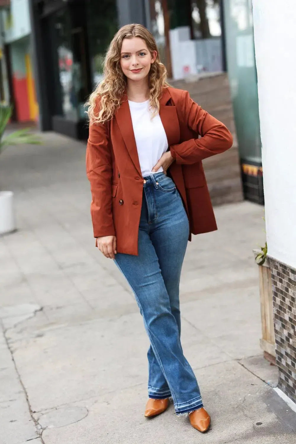 Going Up Rust Double Button Collar Lapel Blazer-Evelyns Fashion