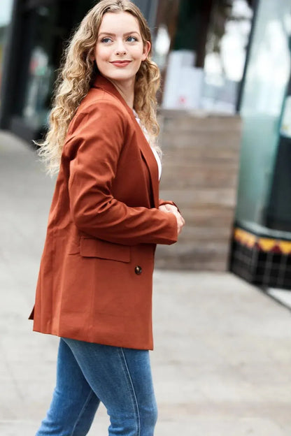Going Up Rust Double Button Collar Lapel Blazer-Evelyns Fashion