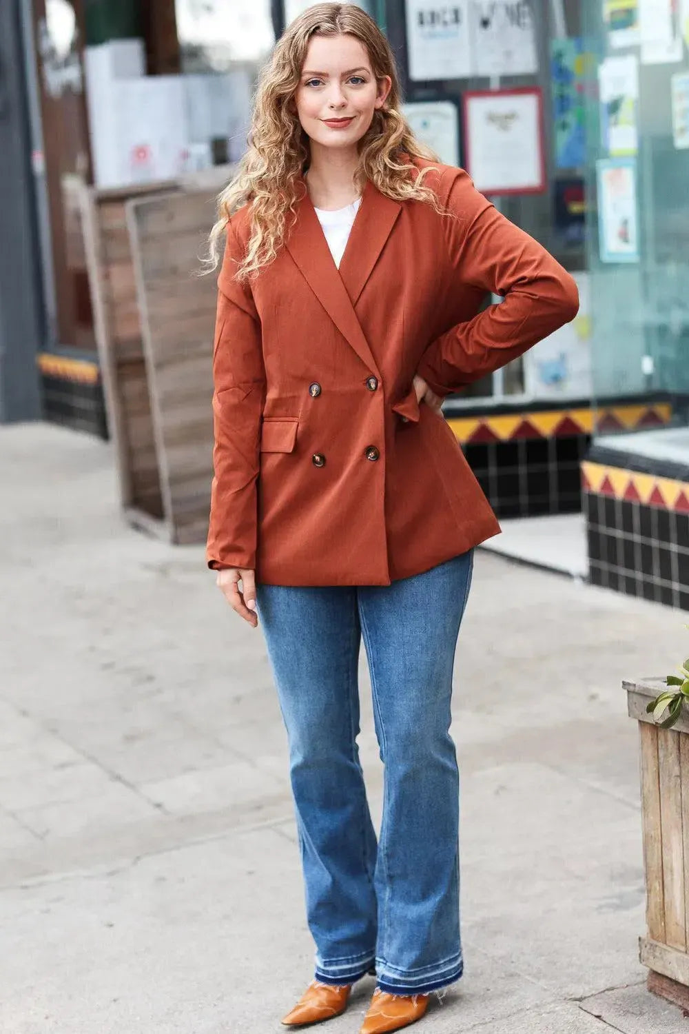 Going Up Rust Double Button Collar Lapel Blazer-Evelyns Fashion