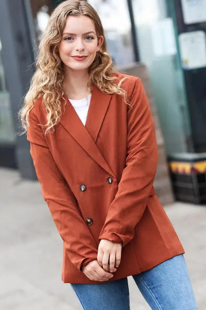 Going Up Rust Double Button Collar Lapel Blazer-Evelyns Fashion