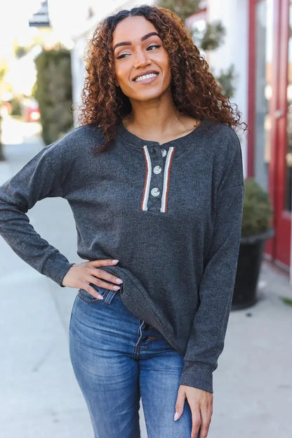 Grey Ribbed Knit Henley Pullover-Evelyns Fashion