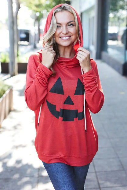 Halloween Jack-O-Lantern Terry Thumb Hole Double Hoodie-Evelyns Fashion