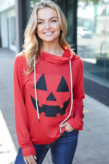 Halloween Jack-O-Lantern Terry Thumb Hole Double Hoodie-Evelyns Fashion
