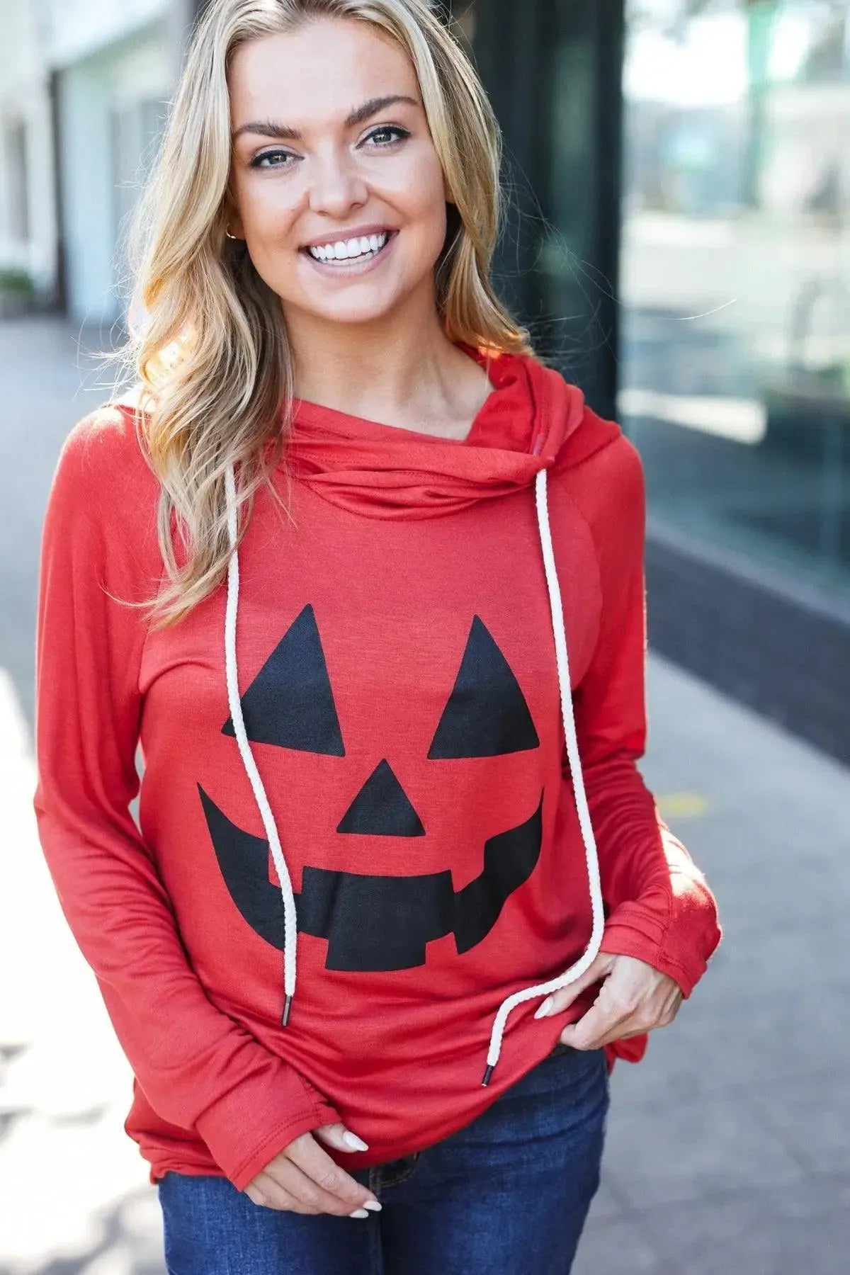 Halloween Jack-O-Lantern Terry Thumb Hole Double Hoodie-Evelyns Fashion