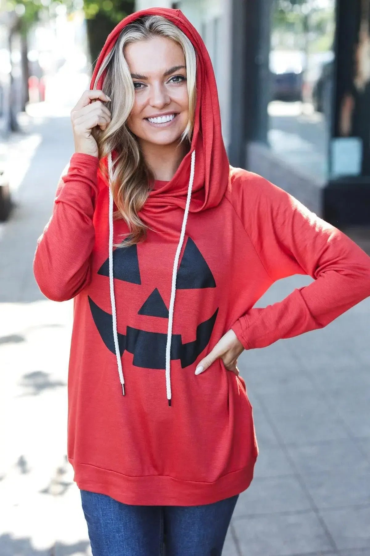 Halloween Jack-O-Lantern Terry Thumb Hole Double Hoodie-Evelyns Fashion