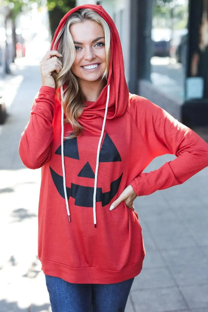 Halloween Jack-O-Lantern Terry Thumb Hole Double Hoodie-Evelyns Fashion