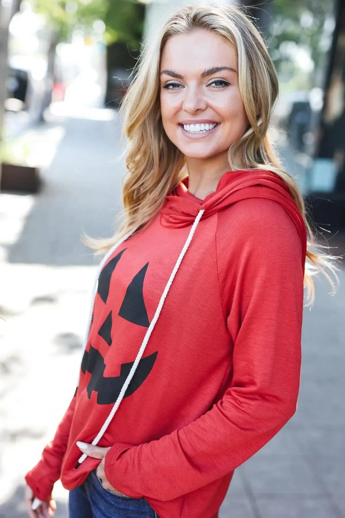Halloween Jack-O-Lantern Terry Thumb Hole Double Hoodie-Evelyns Fashion