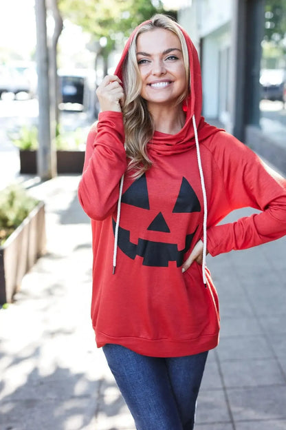 Halloween Jack-O-Lantern Terry Thumb Hole Double Hoodie-Evelyns Fashion