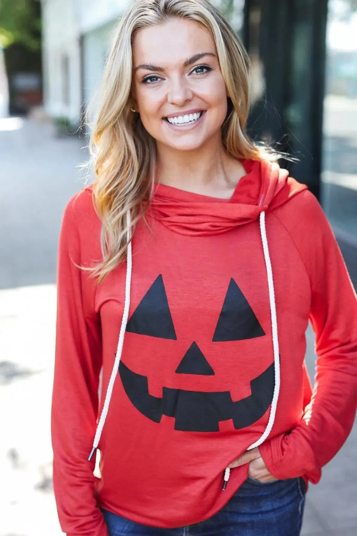 Halloween Jack-O-Lantern Terry Thumb Hole Double Hoodie-Evelyns Fashion