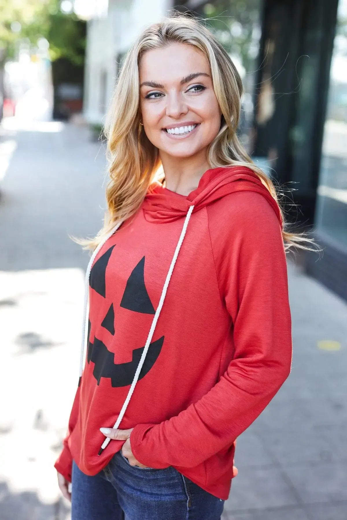 Halloween Jack-O-Lantern Terry Thumb Hole Double Hoodie-Evelyns Fashion