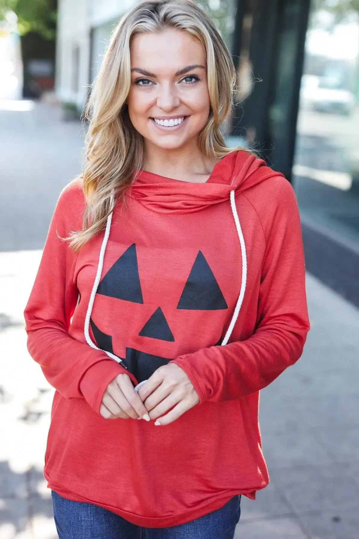Halloween Jack-O-Lantern Terry Thumb Hole Double Hoodie-Evelyns Fashion