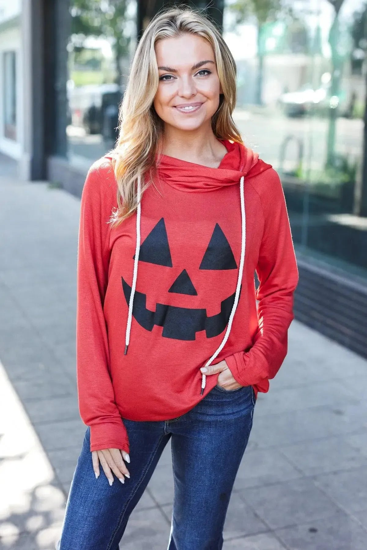 Halloween Jack-O-Lantern Terry Thumb Hole Double Hoodie-Evelyns Fashion