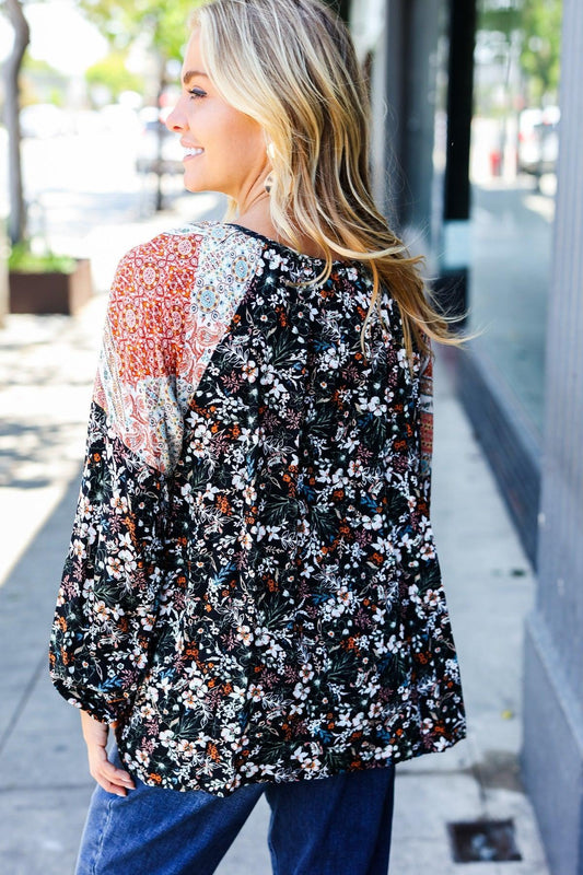 Haptics Boho Floral Ethnic Print Front Tie Woven Blouse-Short Sleeve Blouse-Evelyns Fashion