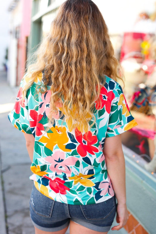 Haptics Flat Floral V Neck Top-Short Sleeve Blouse-Evelyns Fashion