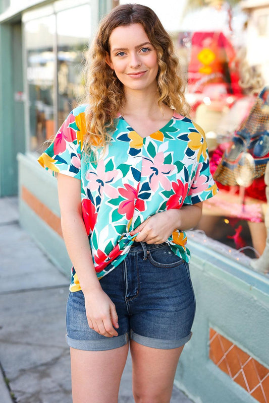 Haptics Flat Floral V Neck Top-Short Sleeve Blouse-Evelyns Fashion