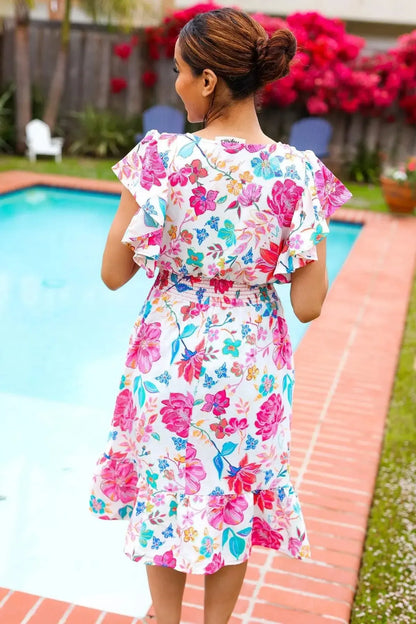 Hello Beautiful Ivory & Fuchsia Floral Sequin Smock Waist Midi Dress-Evelyns Fashion