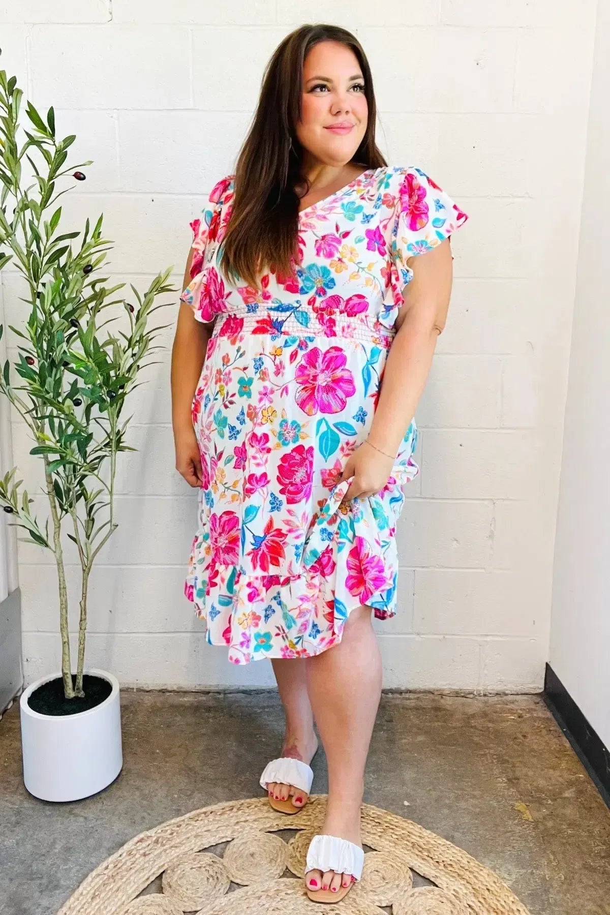 Hello Beautiful Ivory & Fuchsia Floral Sequin Smock Waist Midi Dress-Evelyns Fashion