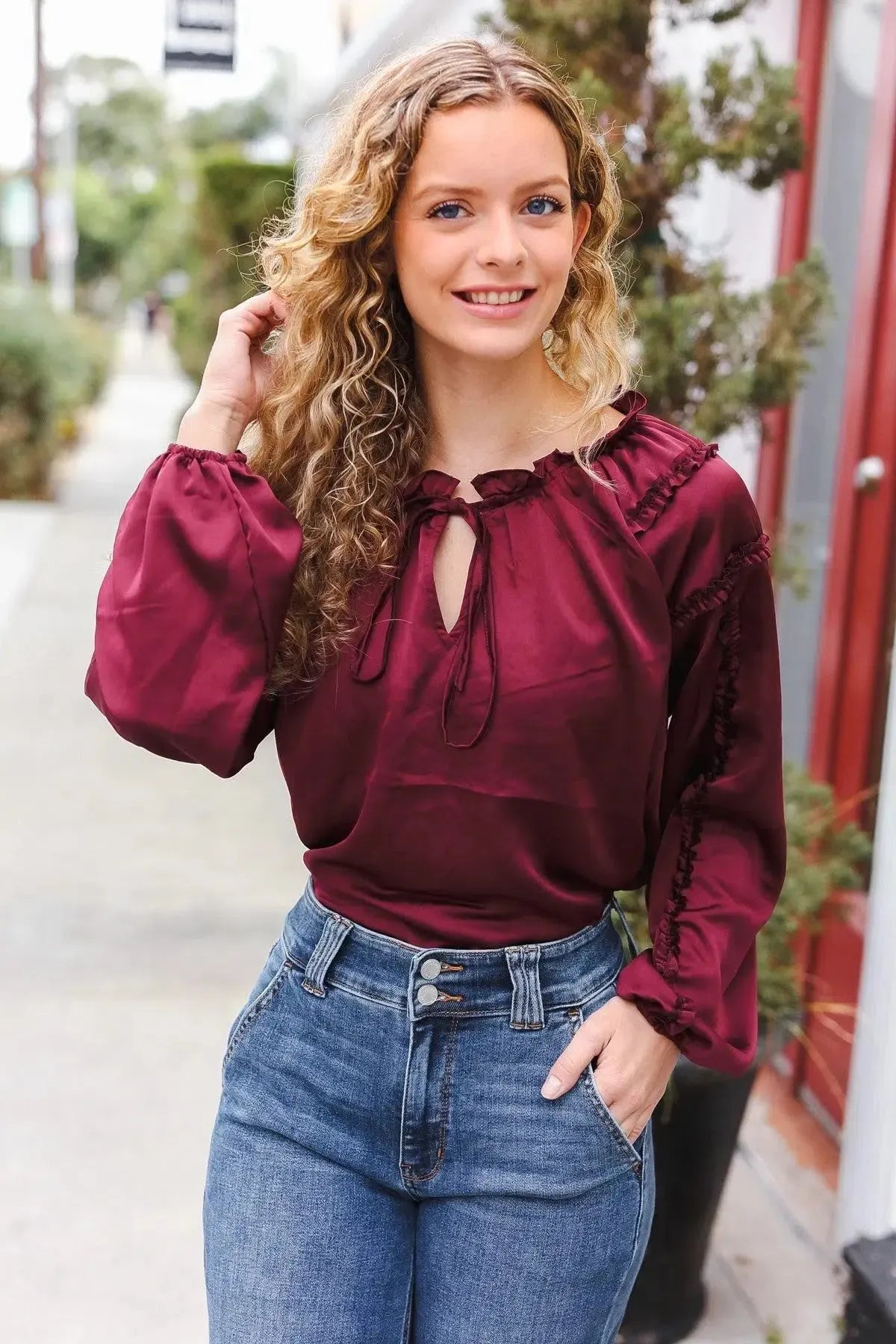 Holiday Vibes Burgundy Frill Detail Tie Neck Satin Top-Evelyns Fashion