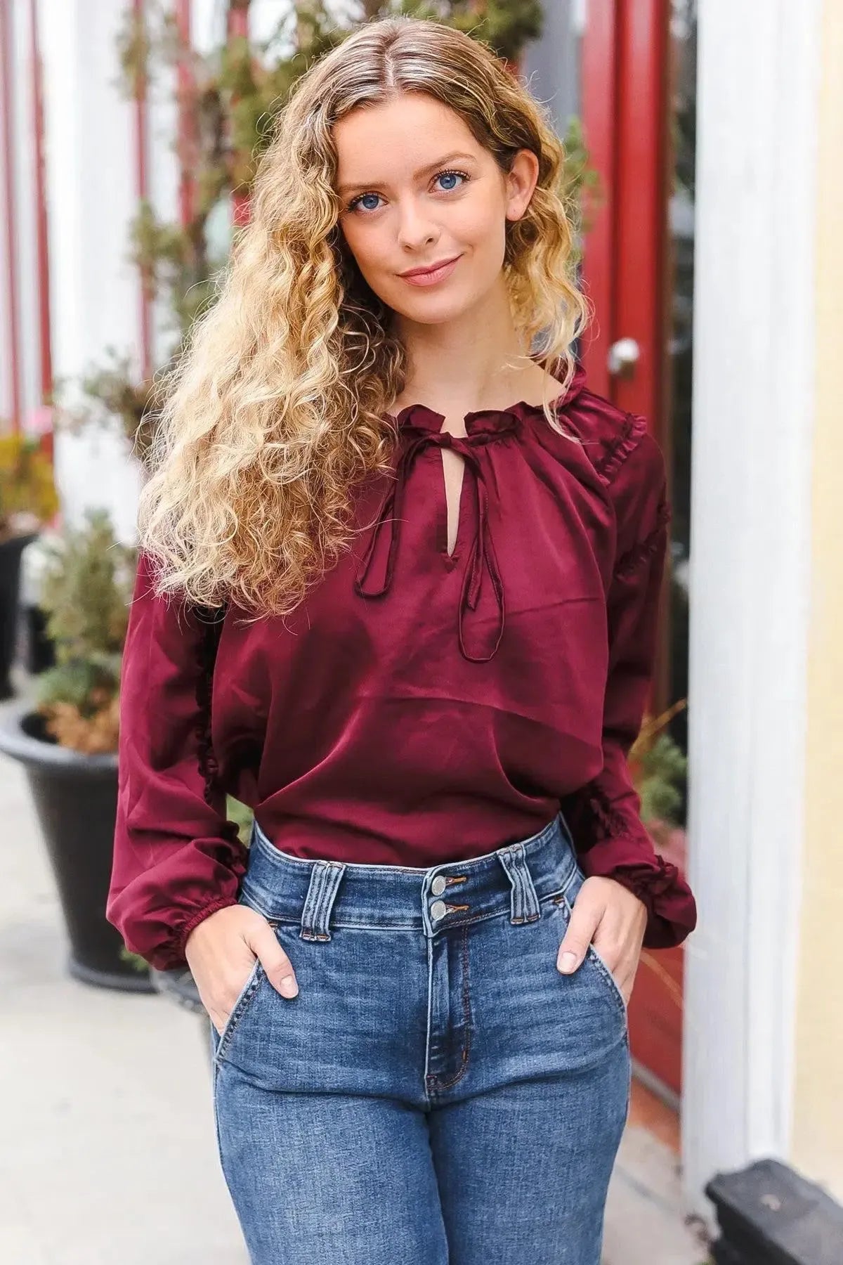 Holiday Vibes Burgundy Frill Detail Tie Neck Satin Top-Evelyns Fashion